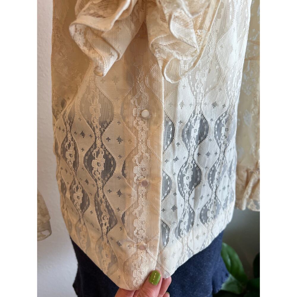 Vintage Neiman Marcus Cream Lace Ruffled Collar Long Sleeve Blouse Size 10 - Picture 9 of 14